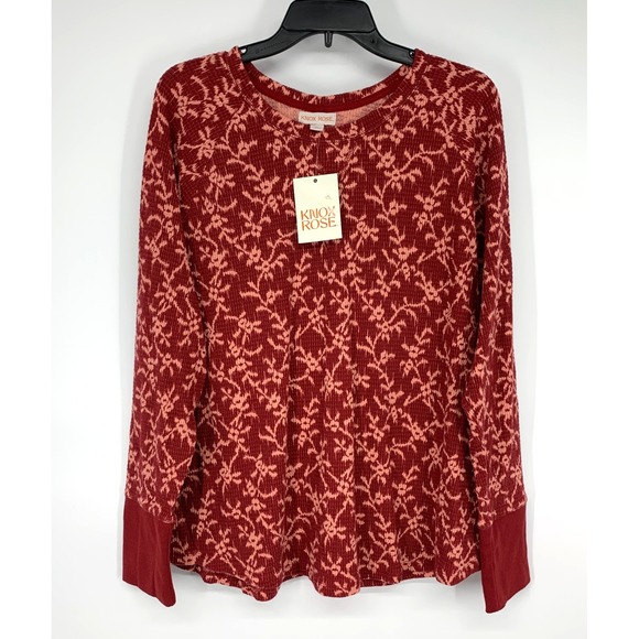 Knox Rose Top Womens Plus Size 1X Red Floral Long Sleeve Thermal Waffle Knit NWT - Picture 2 of 8
